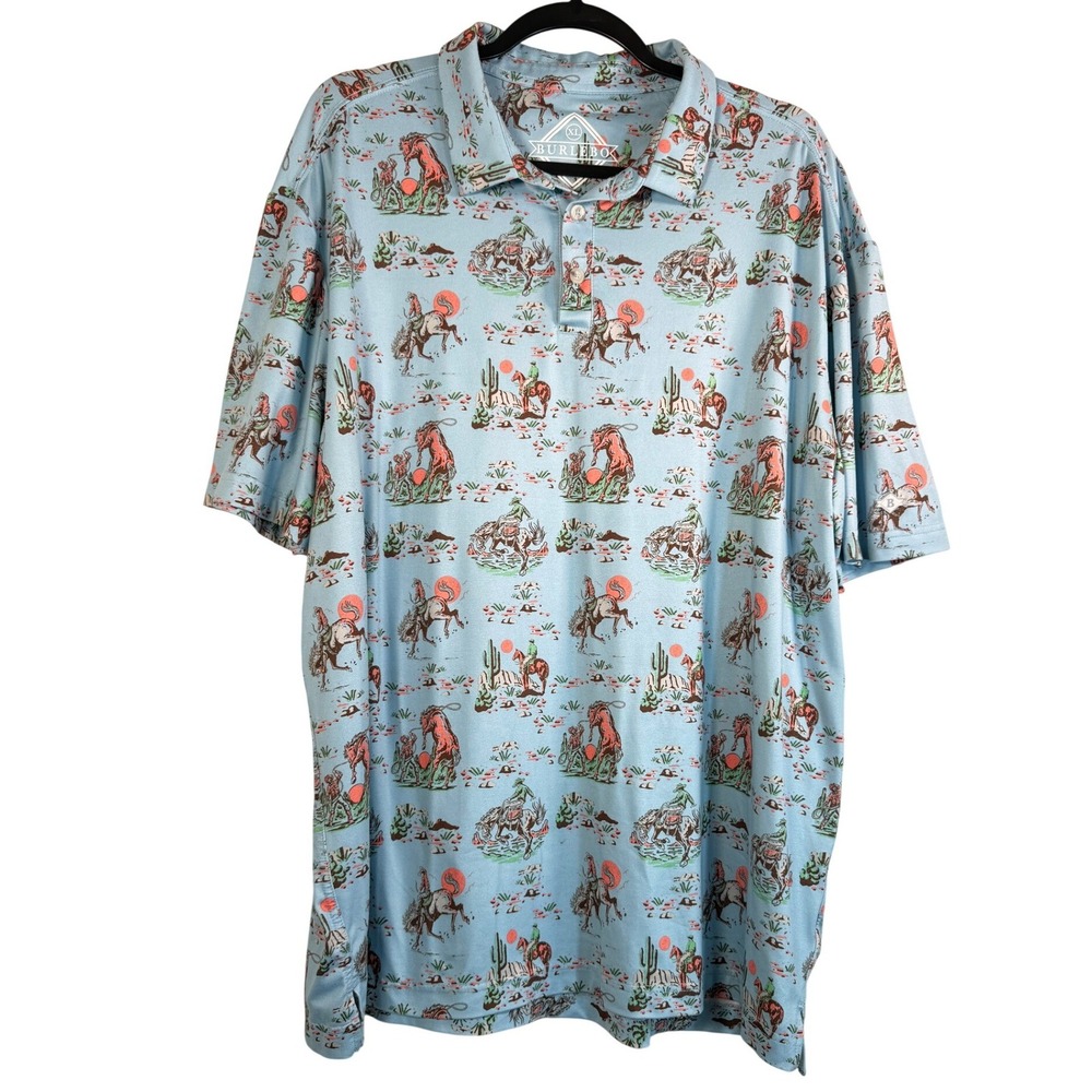 Burlebo Polo Shirt Mens XL Blue Western Cowboy Cactus Performance Stretch EUC
